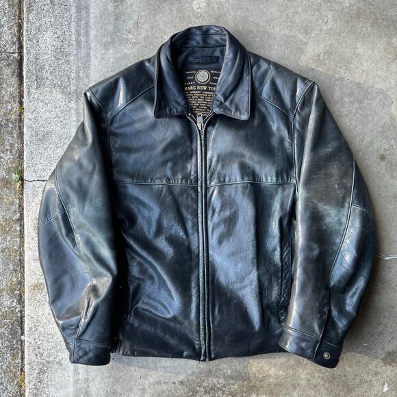Marc New York Andrew Black Leather Bomber Jacket Men's XL Full Zip Moto Biker